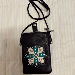 Black and Teal Embroidered Crossbody Bag